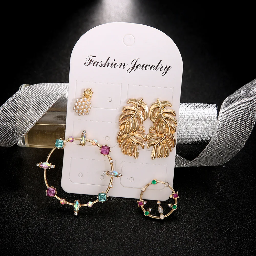 

5pcs/set Geometric Colorful Crystal Big Circle Stud Earring Women Leaf Pineapple Simulated Pearl Earring Bohemia Summer Jewelry