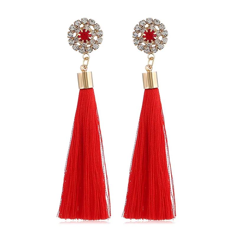 Red Sparkly Rhinestone Long Tassel Dangle Earrings Women Fashion ...