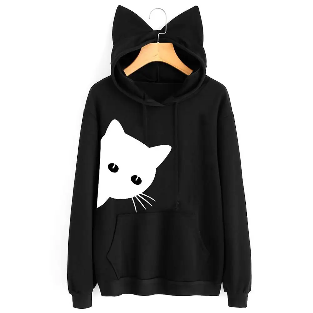 

Women Long Sleeve Cat Hoodie Sweatshirt long sleeves autumn Hooded Pullover Tops black purple white felpe donna
