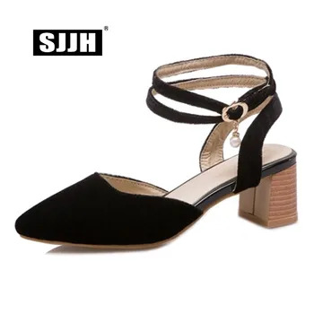 

SJJH Woman Sandals with Pointed Toe Chunky Heels Cross-tied Buckle Comfort Footwear Casual Elegant Shoes Large Size A448