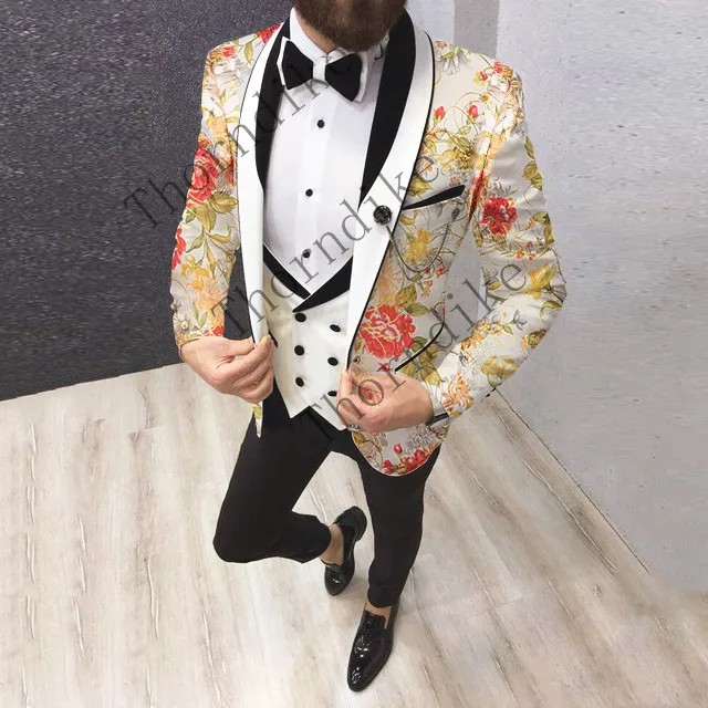 Мужской костюм новейший дизайн смокинг приталенный желтый цветочный для свадьбы вечерний костюм Блейзер брюки стиль жаккардовые костюмы