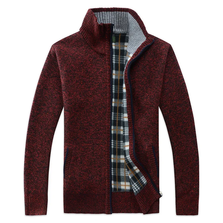 NIBESSER, Осень-зима, мужское вязаное утепленное пальто на молнии, куртка из искусственного меха, шерстяной свитер, куртки, мужская повседневная Трикотажная блуза - Цвет: Wine Red