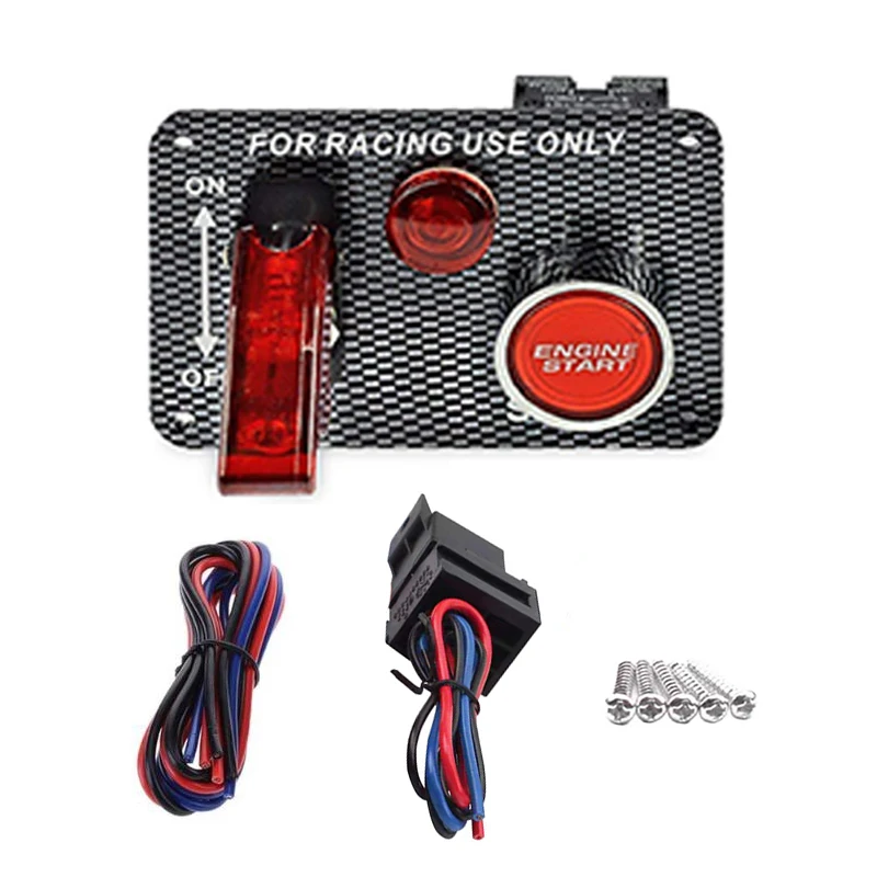 

2in1 Comb Racing Car Toggle Ignition Switch Panel 12V Engine Start Starter Push Button With Red LED Carbon Fiber Car Switch