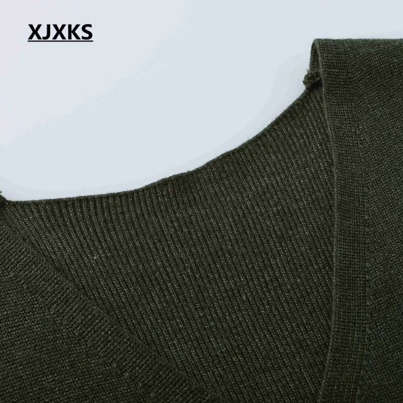 XJXKS модный весенний пуловер длинные свитера с металлическим v-образным вырезом высокого качества без рукавов сплошной цвет женский свитер