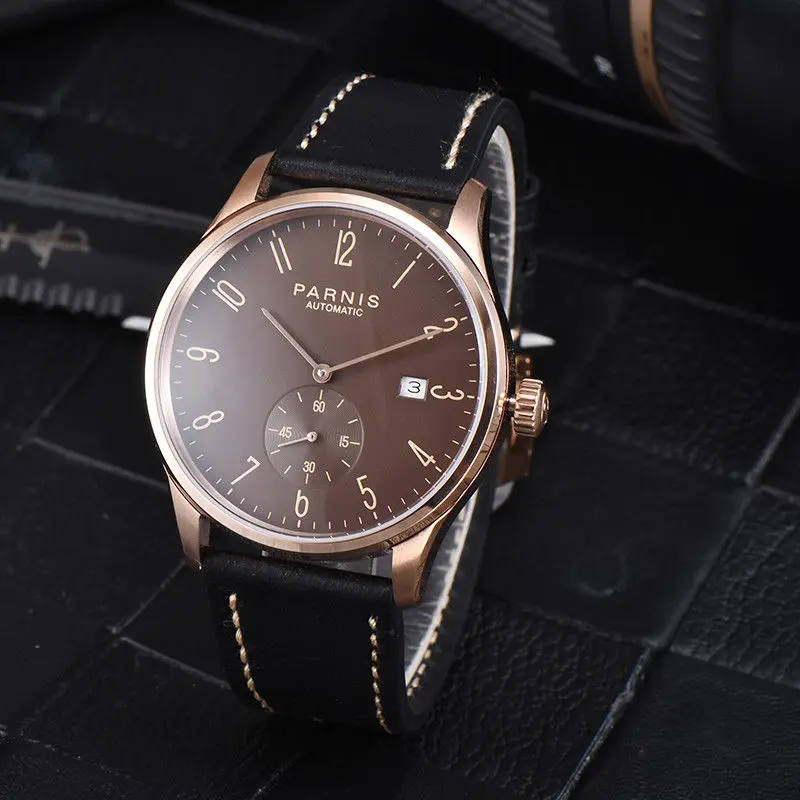 

42mm Parnis Brown dial Leather Strap Date window Crystal Stainless Steel Rose Golden Plated Case Automatic movement mens Watch