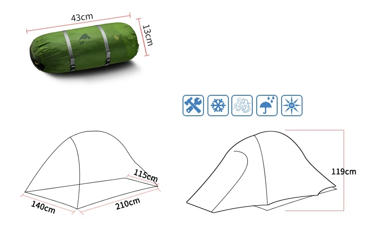3F UL шестерни водонепроницаемый 2 человек альпинизмом Самостоятельная Палатка Сверхлегкий 210T 15D силикон 3 4 сезон для кемпинга двухслойные