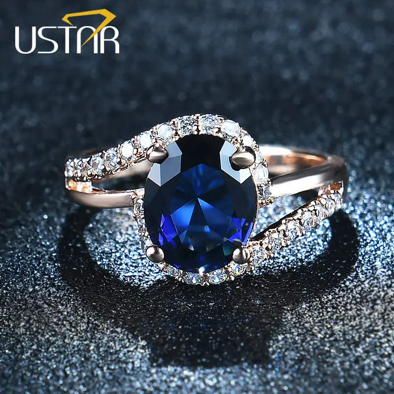Женские свадебные кольца USTAR Овальные зеленые с фианитами 2.0ct цвета розового
