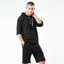 Одноцветная мужская толстовка с капюшоном, спортивный костюм, набор, летний спортивный костюм для бодибилдинга, дышащая мужская толстовка с капюшоном, спортивный костюм, повседневный мужской комплект