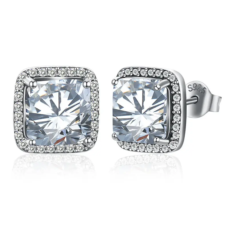 Trendy Square Shape with CZ Setting Stud Earrings Real Solid 925
