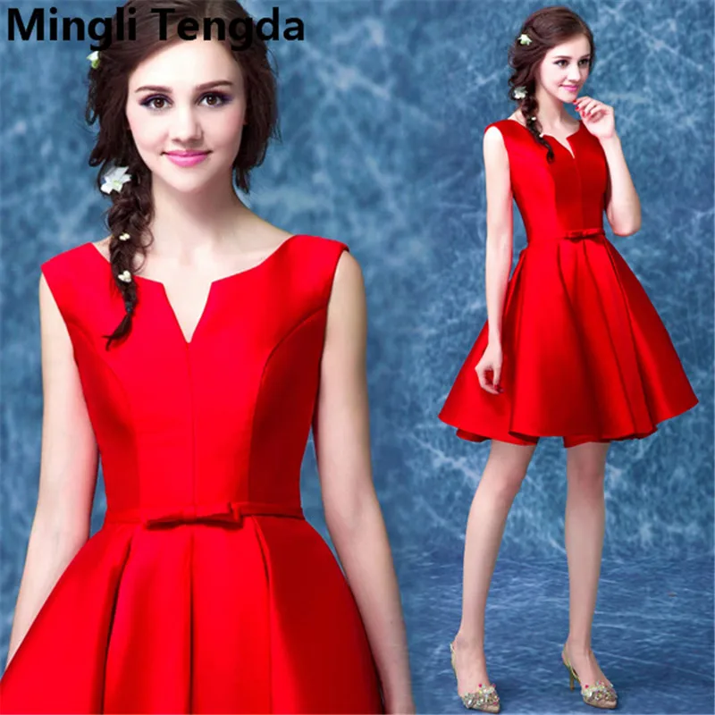 

Mingli Tengda Red V-Neck Bridesmaid Dresses 2018 Short Simple Bridesmaid Dress robe demoiselle d'honneur Dress for Wedding Party