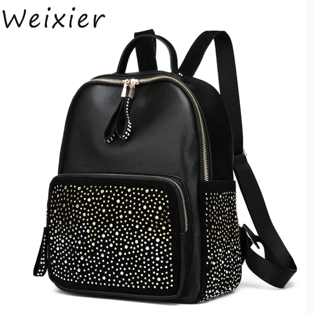 

WEIXIER Shining Rhinestones Travel Backpack Shoulder Schoolbag Girl Lady PU Leather Small Bags for Women Mochila Feminina V4-40