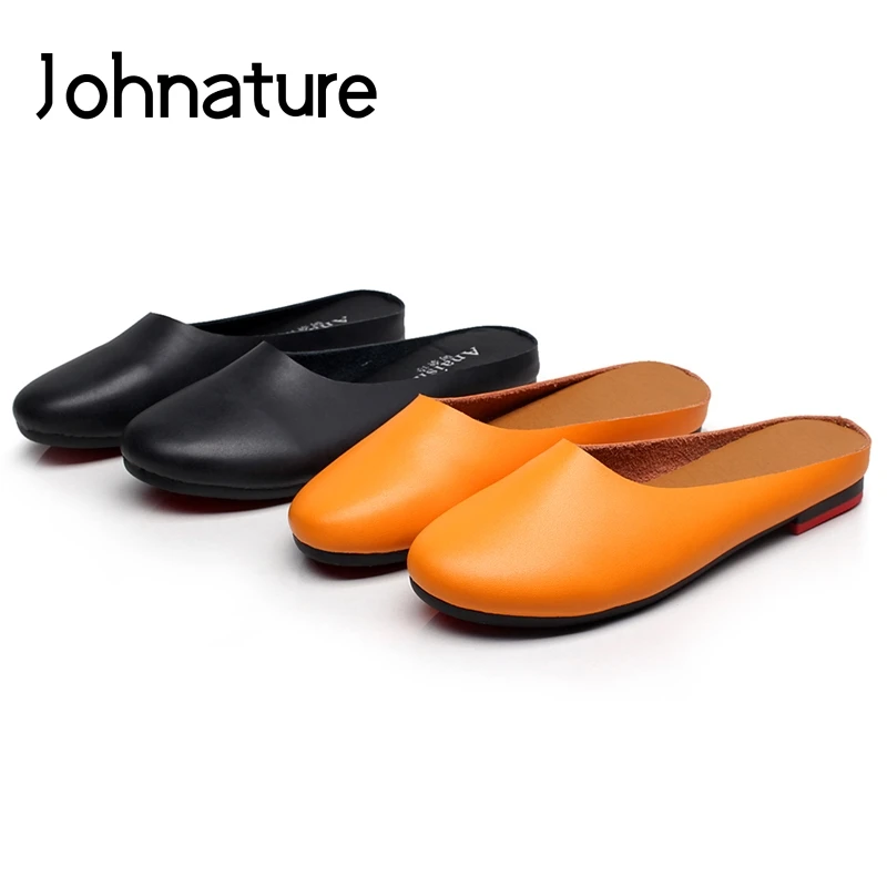 Женские шлепанцы ручной работы Johnature из натуральной кожи с круглым носком на