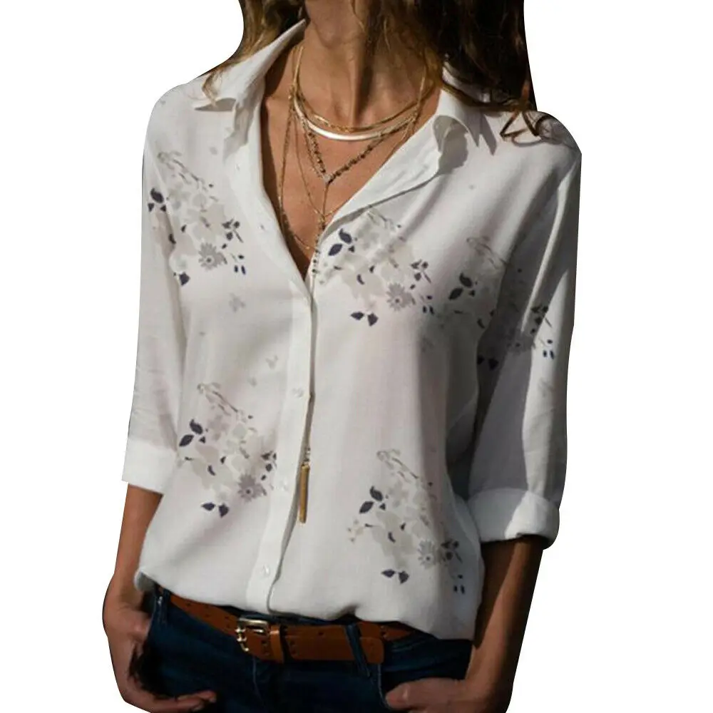 Для женщин с длинным рукавом Повседневное Цветочные Свободные женские блузки плотная и пуговицы с v-образным вырезом Рубашки Плюс Размеры S-5XL