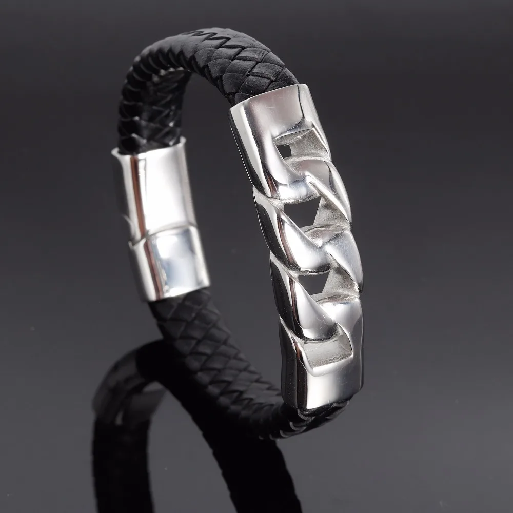 

Fashion Men Braid Woven Black/Brown Leather Bracelet Stainless Steel Bracelet Bangle Jewelry Vintage Gift