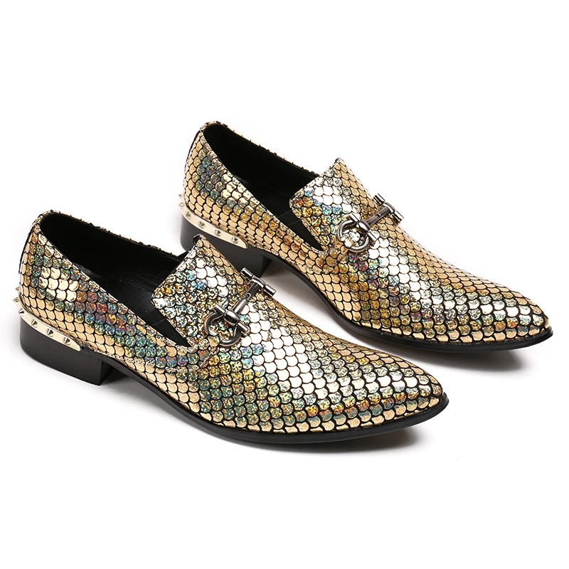 

brand New gold handmade men loafers men fashion leather shinny glitter wedding dress shoes men's flats size US12