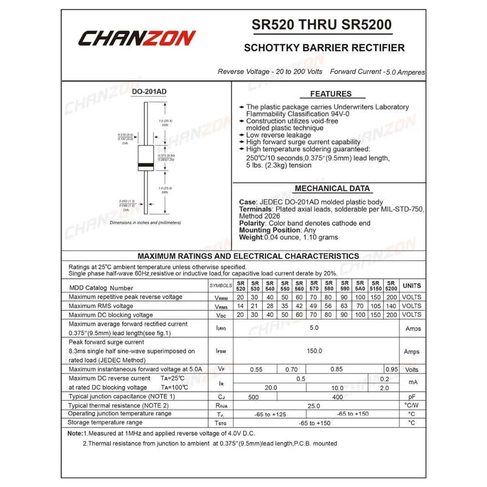 (20 Pcs) SR5100 (SB5100) Schottky Barrier Rectifier Diodes 5A 100V DO