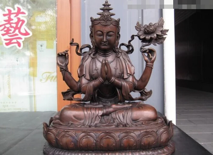 

fast shipping USPS to USA S2942 18"Nepal Pure Bronze Four hands Arms Padmapani Kwan-Yin Guan Yin Buddha Statue