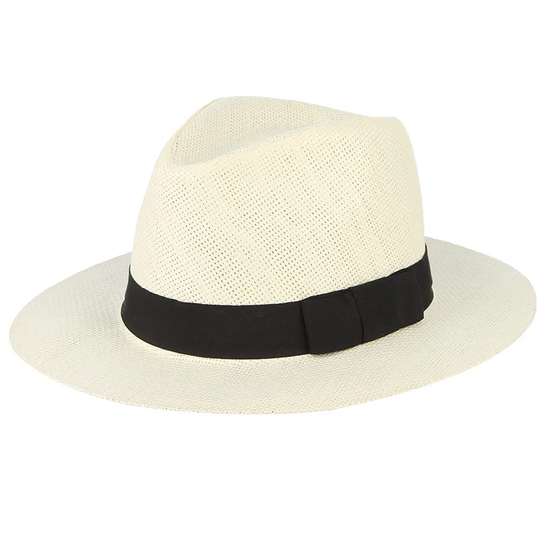GEMVIE классический Джаз соломенная шляпа для мужчин и женщин Лето тканая бумага черная полоса Fedoras Солнцезащитная шляпа унисекс Мода пляжная шляпа - Цвет: Ivory