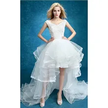White Organza Hi Low Wedding Dresses Lace Appliques Lace Up Back Front Short Long Back Wedding Gowns robe de mariee lace up front zip back shorts