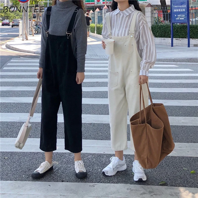 

Jumpsuits Women Kawaii Solid Color Ankle-Length Strap Jumpsuit Womens Ulzzang All-match Trendy Student Simple Denim Trouser Girl