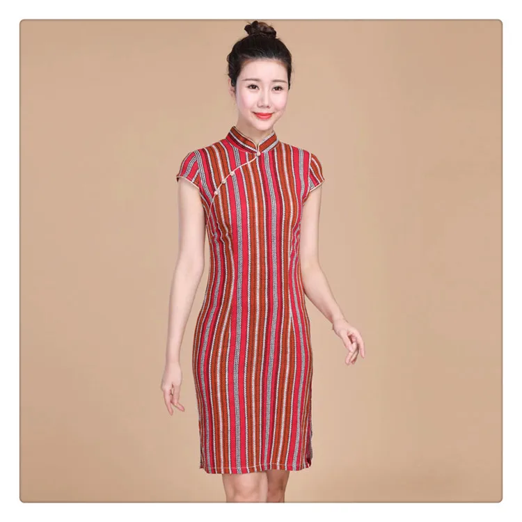 Sheng Coco плюс размер 5XL в полоску Cheongsam Короткие эластичные хлопковые льняные элегантные мягкие Qipao традиционная китайская одежда для женщин