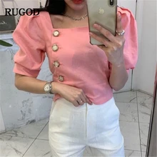 RUGOD New Arrival Women Solid Slim Shirt Square Collar Half Puff Sleeves Single-breasted Blouse Korean Temperament Tops