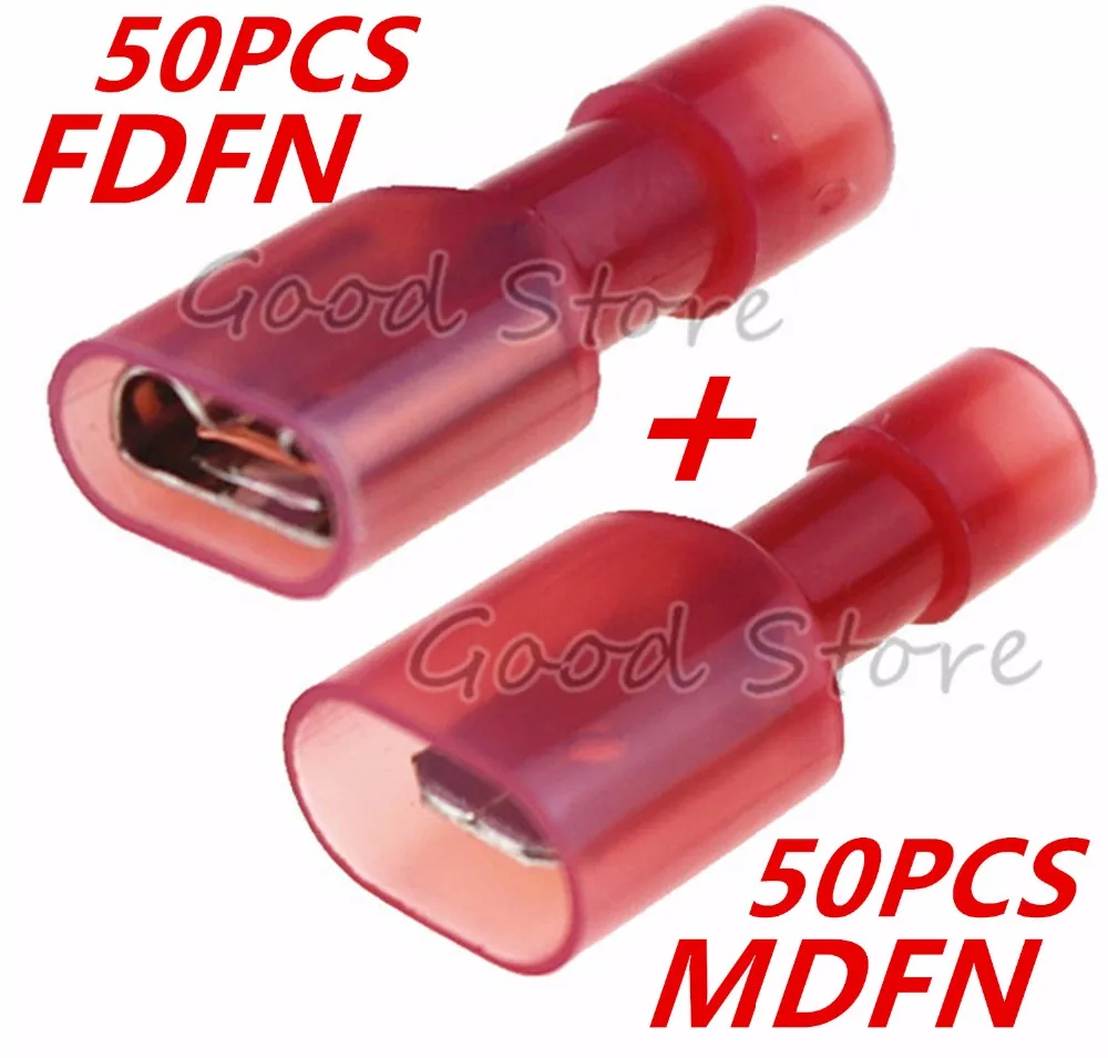 

100PCS 50Sets RED MDFN FDFN NYLON Brass Male Female Male Insulated Spade Joint Connector Crimp Terminal Connectors Plug