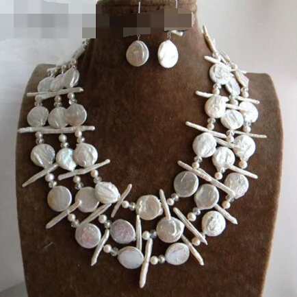 

Fast shipping + 12543 3Strands White Coin Biwa Round Freshwater Pearl Necklace Earring Set (A0516)
