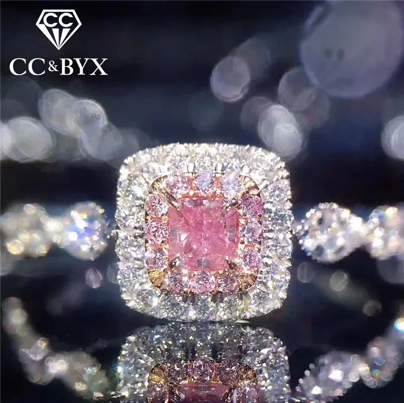 

CC Charms 925 Sterling Silver Rings For Women Pink Square Bridal Wedding Jewelry Bijoux Femme Engagement Accessories CC705