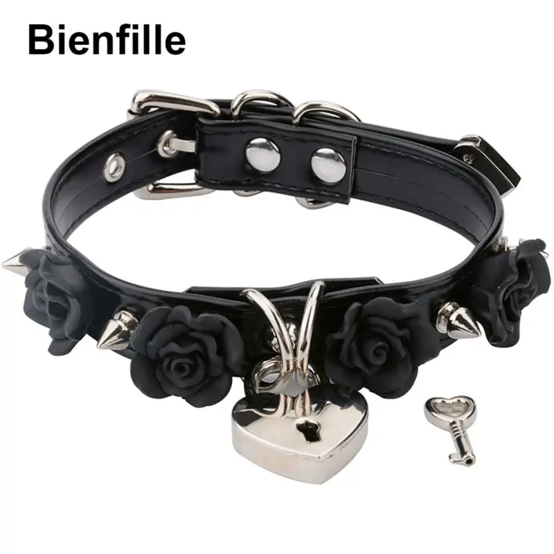 Comprar Punk gótico PU cuero hebilla collar gargantilla hecha a mano Kawaii Rosa flor collar plata corazón bloqueo con llave 8 colores