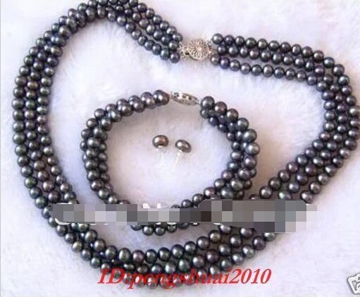 

hot sellCharming 3 rows nobles black freshwater pearl necklace bracelet Earrings sets