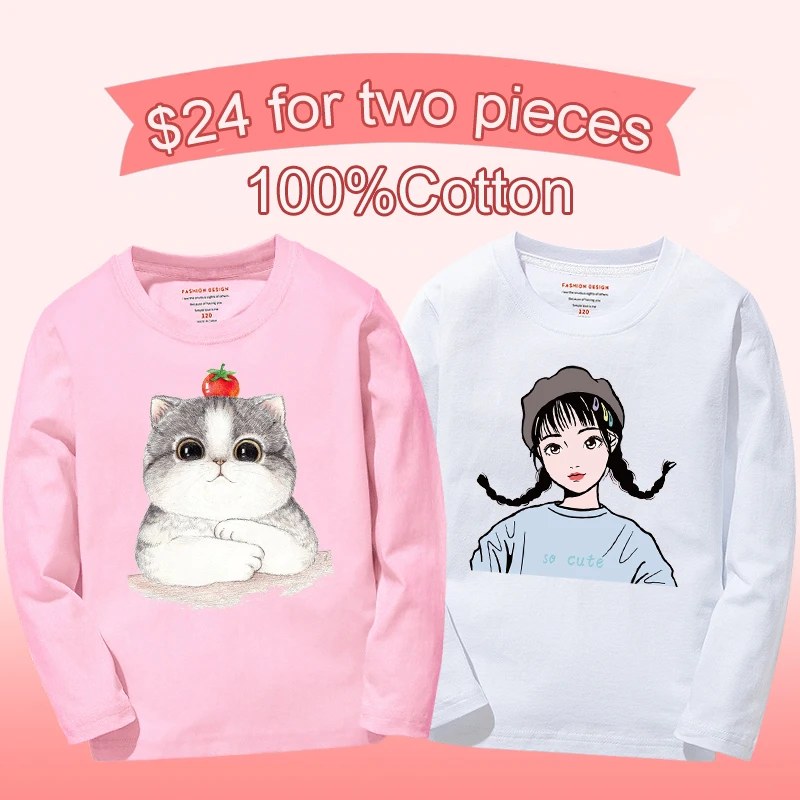 

3-12 Years 2018 autumn Cotton long Sleeves T-Shirts For Girls Tops & Tees Kids Clothes cute animals pattern base Girl T Shirts