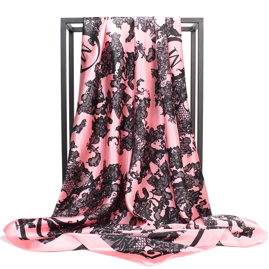 O CHUANG Fashion Silk Scarf Black Flower Print Large Luxury Brand Wraps Shawl Head Foulard Soie Square Women Scarves 90X90