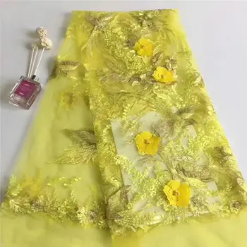 

Nigerian Lace Fabric For Wedding 2019, African French Lace Fabric High Quality Beads 3D Lace, For yellow Lace applique