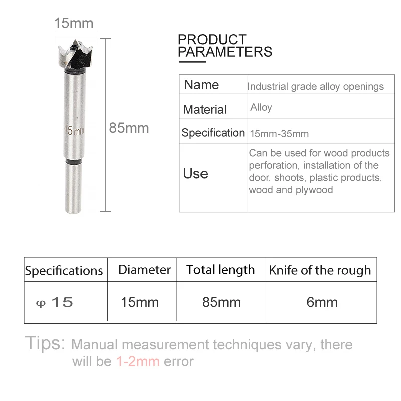 15mm Free shipping Forstner Auger Drill Bit Set Dovetail  Wood Carbide  for Metal Woodworking Milling Cutter  Tool Accessories