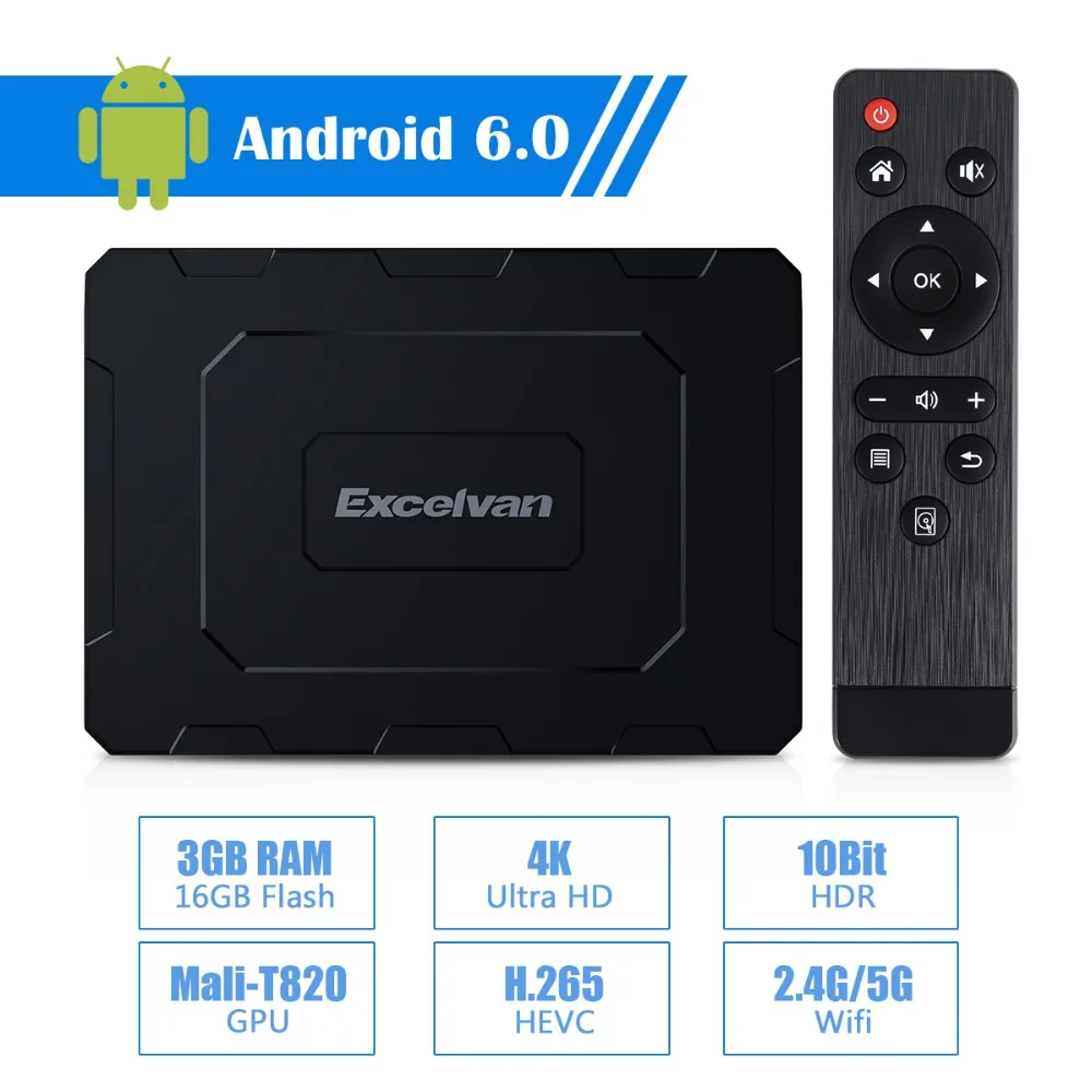 

Excelvan EX-T2 Android 6.0TV Box Octa Core Cortex-A53 Mali-T820 Wireless BT 4.0 TV BOX EU 2.4G/5G Wifi With Remote Controller