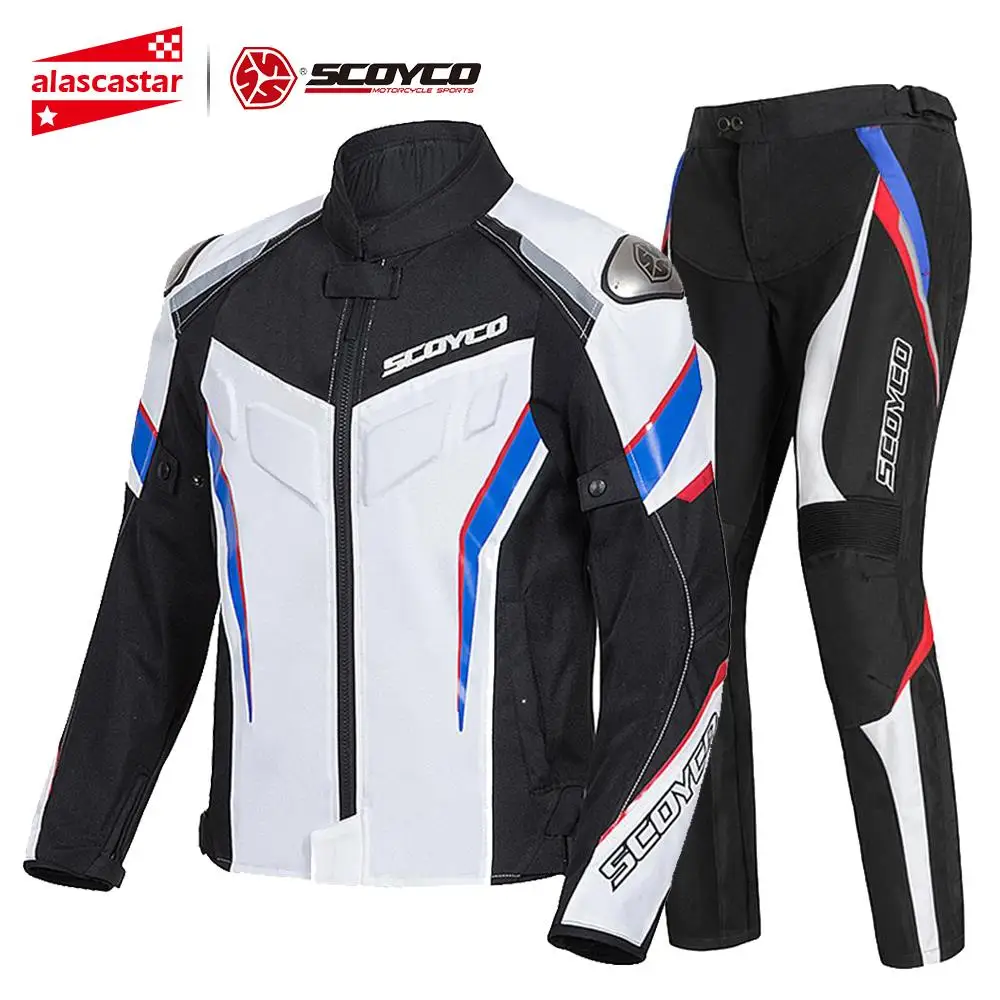 SCOYCO летняя мотоциклетная куртка+ мото штаны светоотражающий, для мотокросса Chaqueta мотоциклетная куртка для езды Защитное снаряжение куртка мотоциклетная - Цвет: Blue Set
