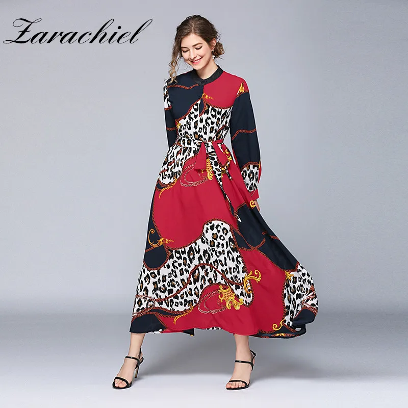 

2019 Autumn Leopard Maxi Dress Women Dress Elegant Vintage Printed Long Sleeve Single-Breasted Belt Dress Female Robe Long Dress