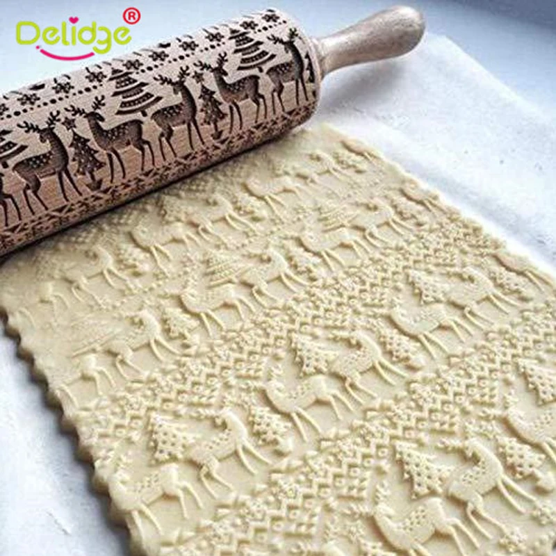 

Christmas Series Baking Accessory Reindeer Embossing Rolling Pin Cookie Snowflake Fondant Mold Dough Roller Cake Stencils