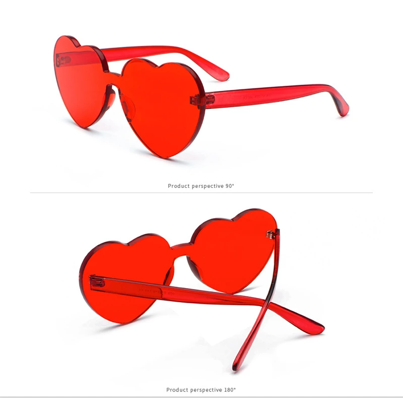 Женские солнцезащитные очки в форме сердца без оправы, цветные солнцезащитные очки с прозрачными линзами красного, розового и желтого цветов