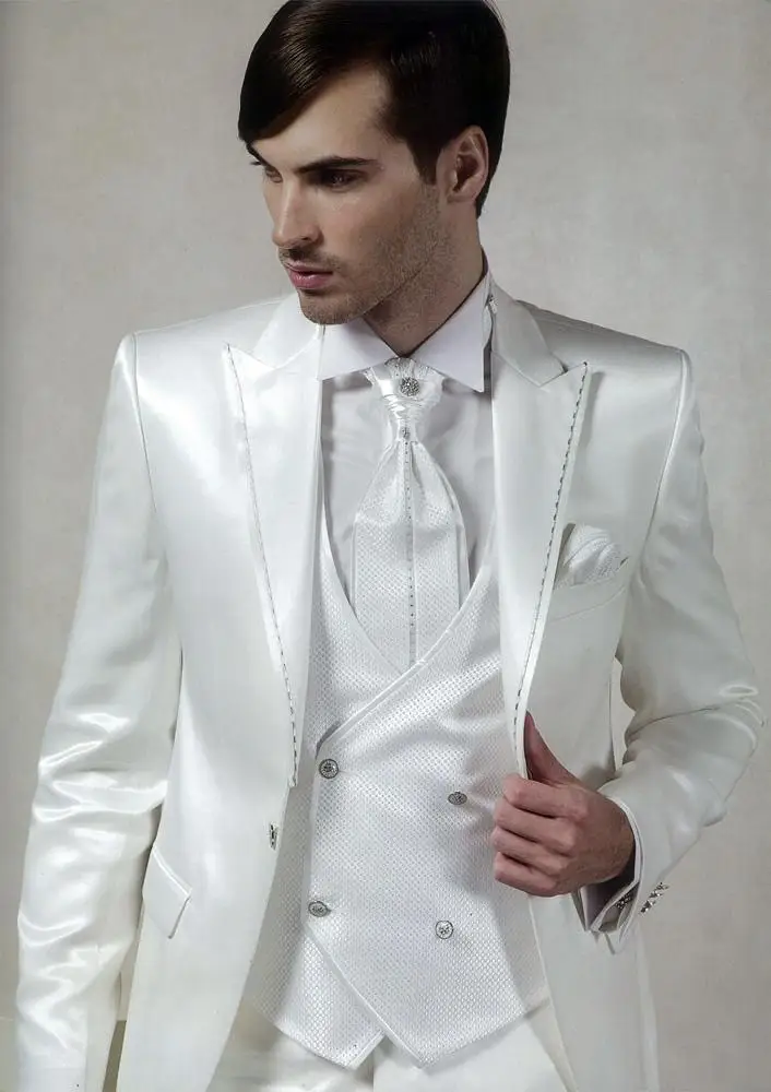 Винтажные длинные белые длинные свадебные смокинги для жениха,, три предмета, на заказ, официальные Мужские костюмы(пиджак+ брюки+ жилет), terno