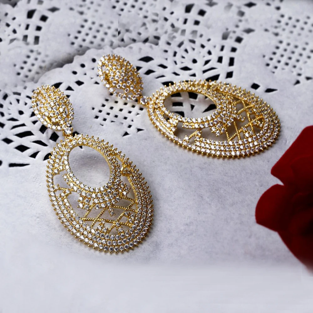 Indescribable Beauty Earring Shiny Zircon Stone in Gold and White Color Long Oval Dangle Earrings For Women