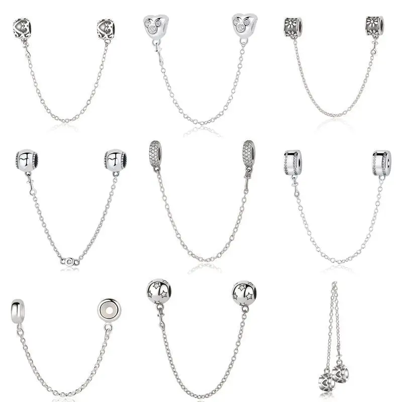 

2018 Authentic 925 Sterling Silver Daisy Bow Clear CZ Safety Chain Charm Beads Fit Original pandora Bracelet Bangle Jewelry