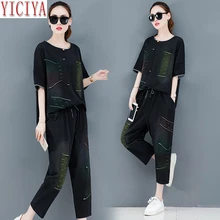 Jeans Stitching Denim 2 Piece Set Wide Pants Suits and Top Plus Size Big Women Outfit Co-ord Set 2020 Summer Black Clothing