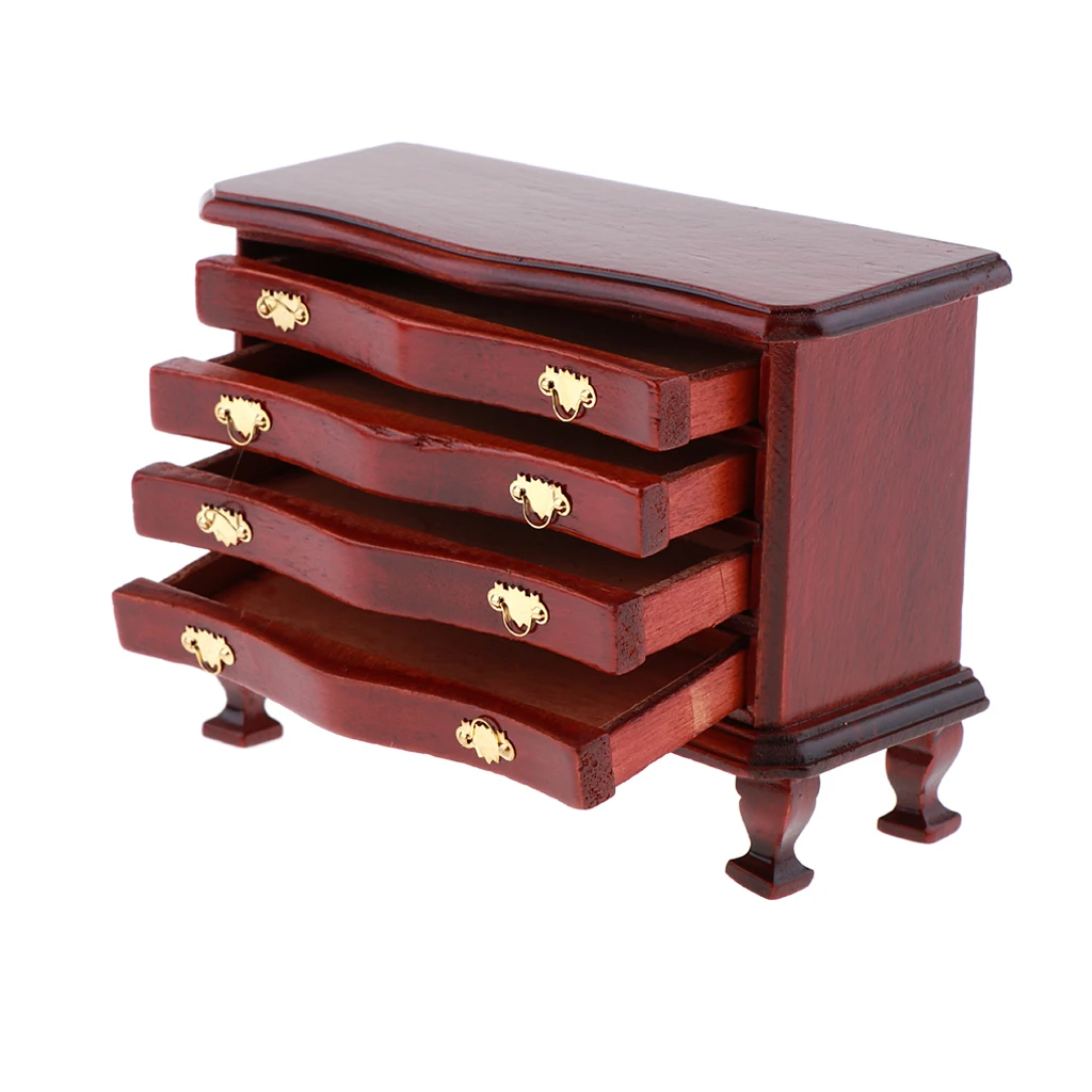 1/12 Dollhouse Miniature Living Room Wooden Annatto Color 4-Drawer Cabinet Furniture Model for Dollhouse Living Room Accessories