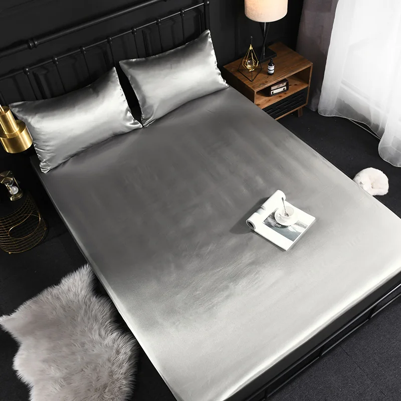 

MECEROCK New Coming Gray Textile Satin Silk Bed Fitted Sheet Soft Elastic Solid Color Mattress Cover King Queen Twin Full Size