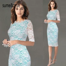 

New 2017 summer woman clothes round neck five sleeves flowers lace pencil dress