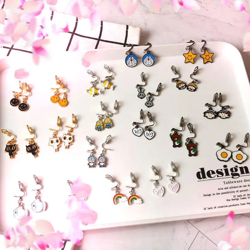 

GRACE JUN New Arrival Rhinestone Enamel Fish Cat Smile Heart Rainbow Clip Earrings for Women Fashion Without Piercing Ear Clip