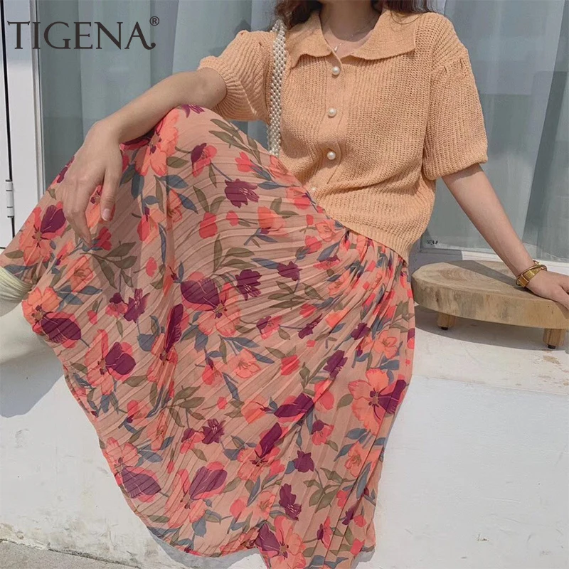 

TIGENA Floral Printed Chiffon Midi Long Skirts Women Fashion 2019 Summer Harajuku Boho Skirt Female High Waist Pleated Skirt Sun