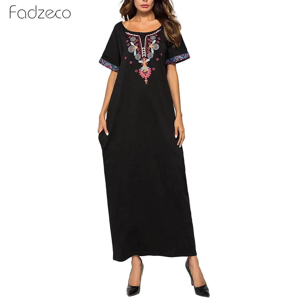 

Fadzeco African Dress For Women Crew Neck Short Sleeve Embroidered Muslim Dress Fashion Robe Femme Dashiki African Clothing